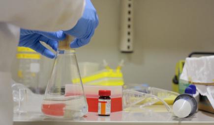 Photobiologist preparing solution in beaker for use in Photoinhibitron